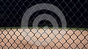 Looking at a baseball field at night through the fence.