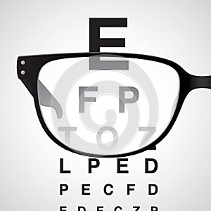 Looking through black glasses at an eye test chart, realistic vector illustration
