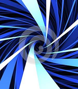 Looking through blue time tunnel, 3D. Print. Colorful abstract blue and white hurricane epicenter, twisted wide stripes.