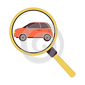 Looking at car through magnifying glass 2D linear cartoon object