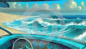 Looking through a car windshield with view of scenic ocean, waves, clouds and blue sky. AI illustraton