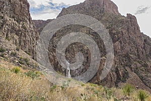 Looking into the Chisos mountains from the desert.