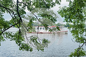 Looking through a courtain of branches of trees at Alster Lake in summer and Alster Tourist Ship in Hamburg, Germany.