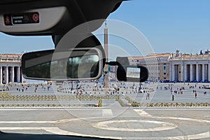 Car camera with view of Saint Peter& x27;s Square, Rome, Italy