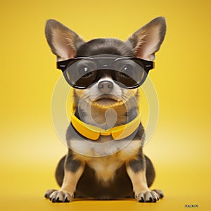 dog puppy background yellow pet portrait glasses cute chihuahua young animal. Generative AI. photo