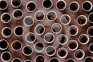 Many papper cups looking down from above photo