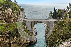 Looking down on the arched bridge at Fiordo di Furore on the Amalfi Coast, Italy