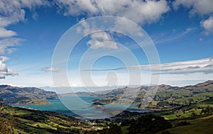 Looking down on Banks Peninsula, Akaroa Harbour, New Zealand