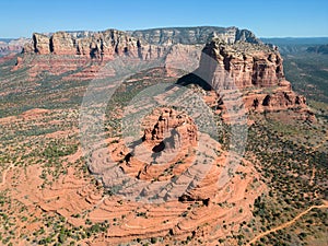 Looking down on Bell Rock and Courthouse Butte near Sedona, Arizona, aerial image