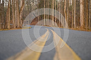 Looking down the double yellow lines on a country road.