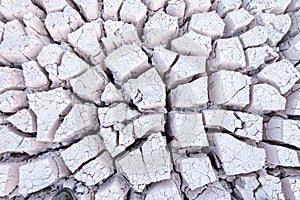 Looking down on dry cracked grey white mud forming patterns at the bottom of a river bed