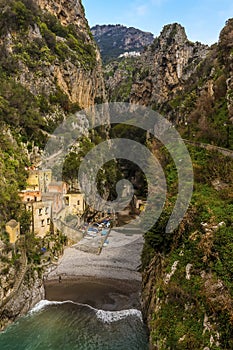 Looking down on the fjord and ravine at Fiordo di Furore on the Amalfi Coast, Italy