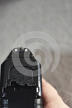 Looking down handgun sights.