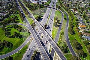 Looking down at highway interchange.