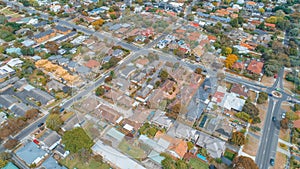 Looking down at houses and strees in suburbia.