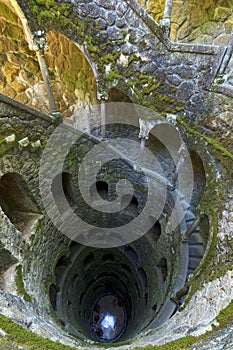 Looking down the Initiation well of Quinta da Regaleira in Sintra, Portugal.