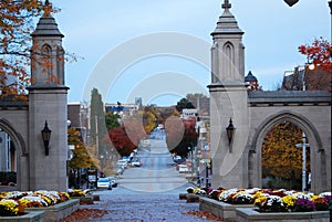 Indiana University sample gates in the fall looking down the main road.