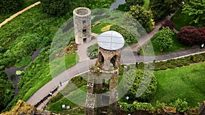 Looking down at mysterious Blarney Castle ruins in lush vibrant Ireland