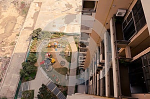 Looking down on a new housing skyscraper in gurgaon