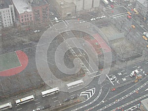Looking down at new york city landscape on a snowy day