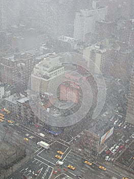 Looking down at new york city landscape on a snowy day