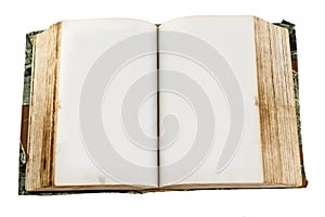 Looking down at an old open book with empty pages