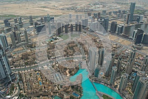 Looking down over the Dubai cityscape from the top of the Burj Khalifa in Dubai