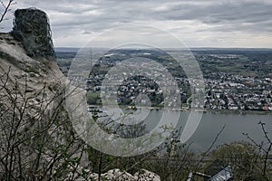 Looking down on Rhine river and Konigswinter from castle ruins