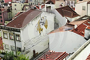 Looking down on the roof of buildings in birds-eye-view.