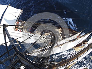 Looking down at sea from aloft in a tallship