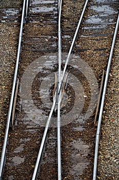 Looking down on a set of railroad tracks