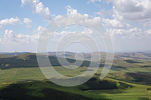 Looking down and shooting the grassland scenery of Zhangbei County under the blue sky and white clouds