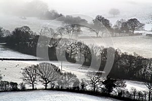 Looking down on snow covered English farmland. With trees silhouetted on a cold, winters, misty day