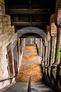 Looking down the stairs of an old cathedral in Boston, Massachusetts.