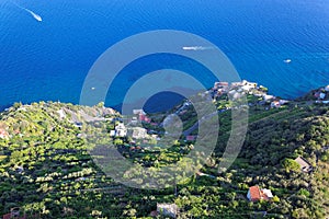 Looking down a steep cliff along the Amalfi Coast , Ravello, Italy