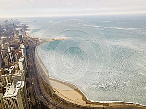 Looking down at the thawed Lake Chicago