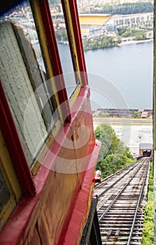 Looking down from the top of the Duquesne incline next to a funicular photo
