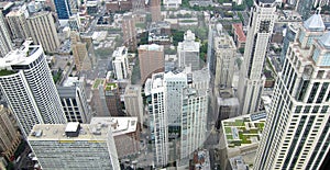 Looking down at tops of tall buildings in downtown Chicago, Illinois USA