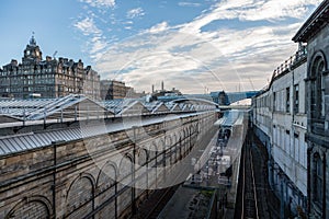 Looking down at the train tracks from Waverly Bridge near Market Street in Edinburgh Scotland UK