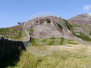 Looking down wall to heather covered mountains