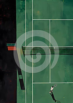 Looking down through a window at a player on a green tennis court