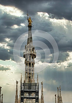 looking Duomo di Milano meaning Milan Cathedral in Italy, with blue sky