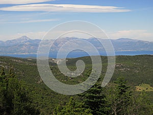 Looking at evia island and dirfys mountain range from a high altitude, Mount Parnitha, Greece