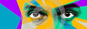 Looking eyes 8 bit dotted design style vector abstraction, human face stylized design element.