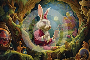 Through the looking glass, a whimsical world emerges, where trees puff out fragrant ganja smoke and talking rabbits share