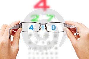 Looking through the glasses at eye chart