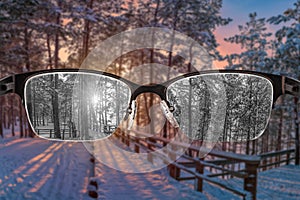 Looking through glasses to black and white sunset in winter forest view focused in women`s glasses. Color blindness. World