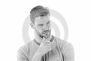 Looking for idea. Man bristle serious face looking for idea, white background. Guy bearded thoughtful touches bristle on