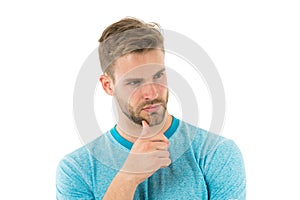 Looking for idea. Man bristle serious face looking for idea, white background. Guy bearded thoughtful touches bristle on photo