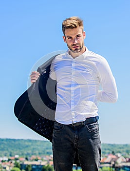 Looking impeccable. Handsome guy posing in formal suit blue sky background. Office worker. Ready to work. Male fashion